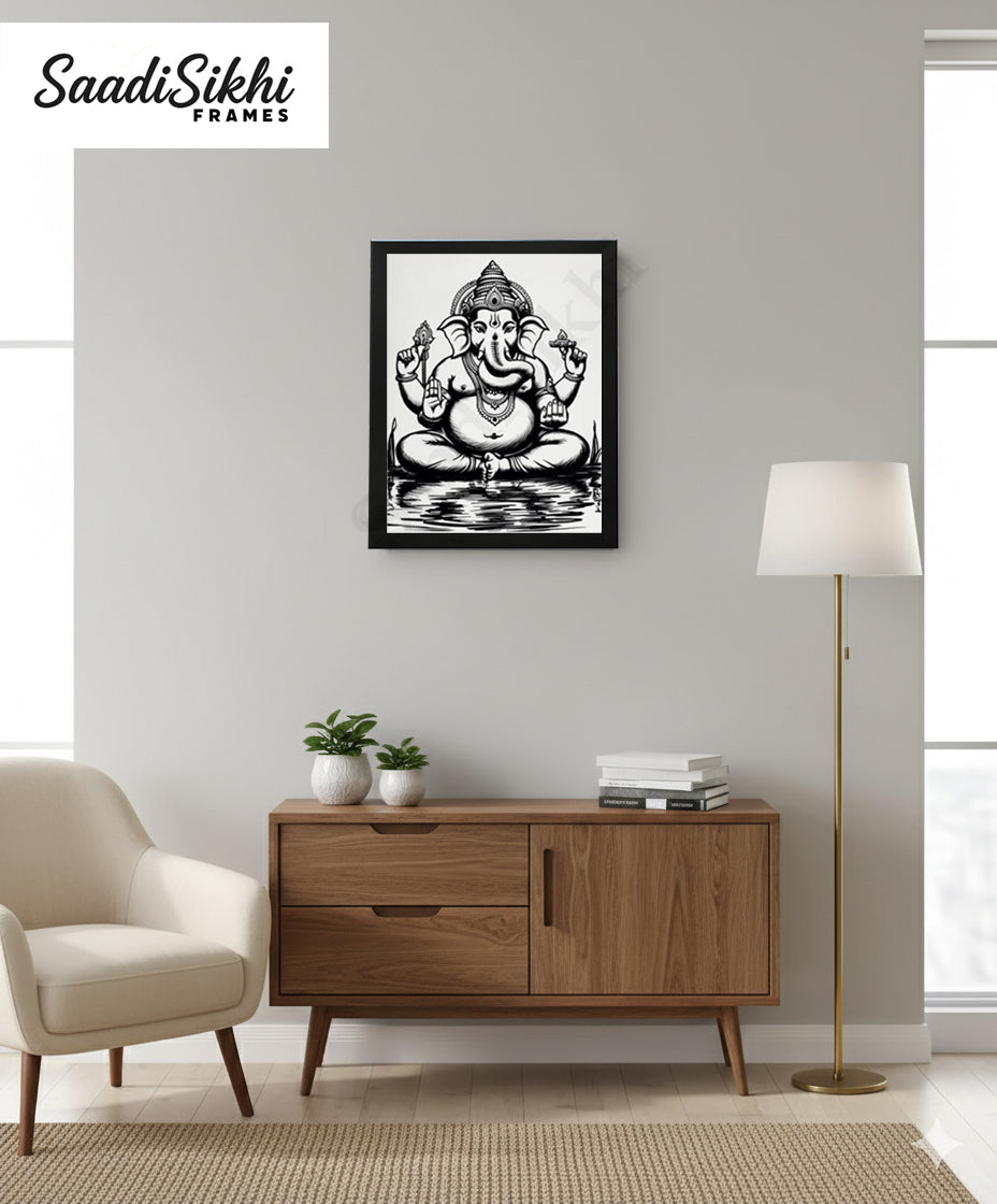 Abstract Modern Om Ganesha Minimalist Line Drawing Indian Hindu God Home Wall Decor I Boho Art I Simple Ganesha Puja Room Decor IIndian ArtI Wall Frame I with Self Adhesive Hook (SS-GJI-026)
