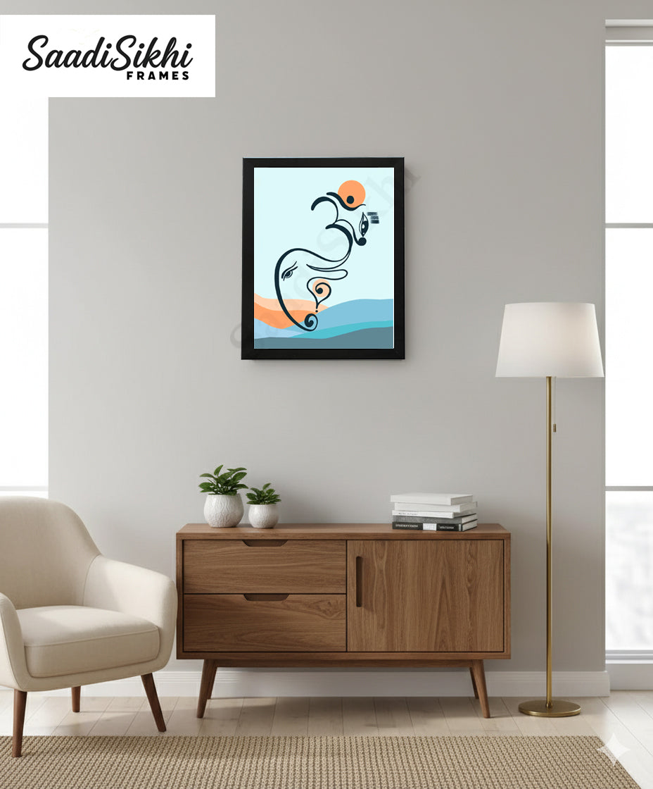 Abstract Modern Om Ganesha Minimalist Line Drawing Indian Hindu God Home Wall Decor I Boho Art I Simple Ganesha Puja Room Decor IIndian ArtI Wall Frame I with Self Adhesive Hook (SS-GJI-019)