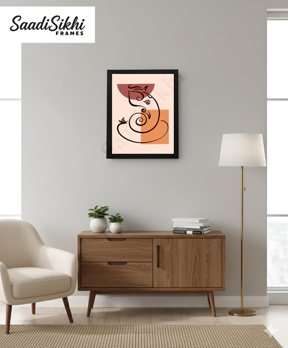 Abstract Modern Om Ganesha Minimalist Line Drawing Indian Hindu God Home Wall Decor I Boho Art I Simple Ganesha Puja Room Decor IIndian ArtI Wall Frame I with Self Adhesive Hook (SS-GJI-024)