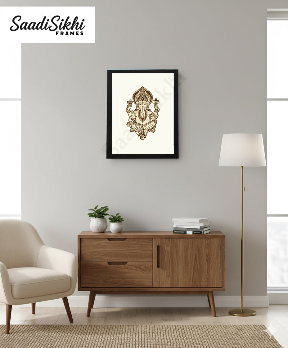 Abstract Modern Om Ganesha Minimalist Line Drawing Indian Hindu God Home Wall Decor I Boho Art I Simple Ganesha Puja Room Decor IIndian ArtI Wall Frame I with Self Adhesive Hook (SS-GJI-013)