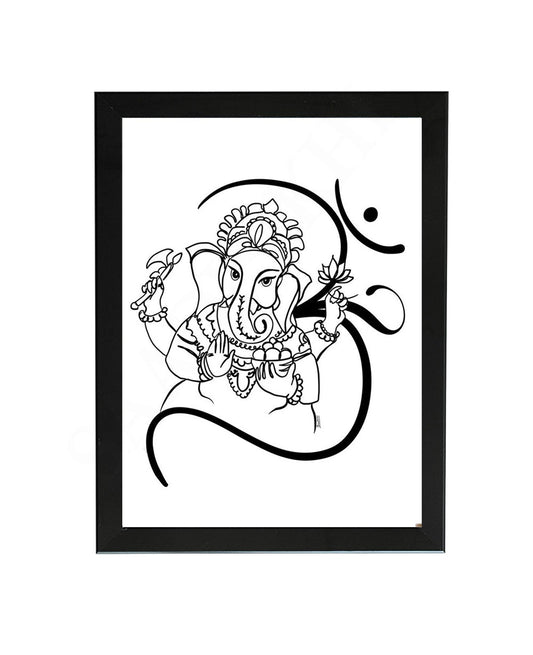 Om Ganesha Minimalist Line Drawing Indian Hindu God Home Wall Decor I Simple Ganesha Puja Room Decor I Indian Religious Gifts I Wall Frame I with Self Adhesive Hook
