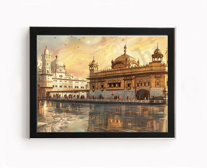 Golden Temple Sikh Art Print: Darbar Sahib Painting:-Digital Wall Art I Wall Frame I with Self Adhesive Hook (GT-009)