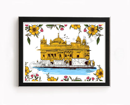 Golden Temple Sikh Art Print: Darbar Sahib Painting:-Digital Wall Art I Wall Frame I with Self Adhesive Hook (GT-007)