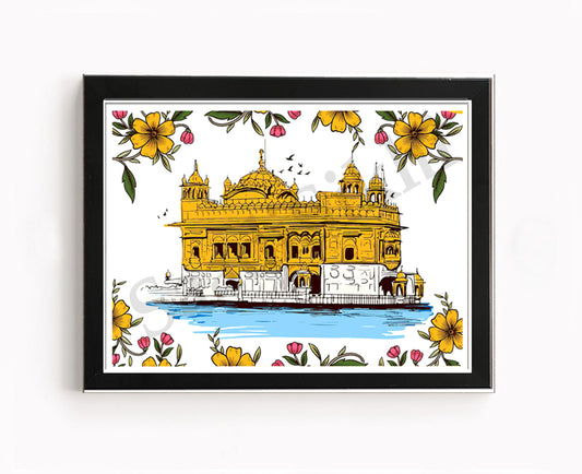 Golden Temple Sikh Art Print: Darbar Sahib Painting:-Digital Wall Art I Wall Frame I with Self Adhesive Hook (GT-007)