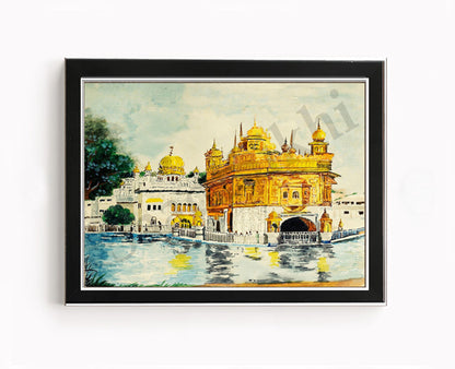 Golden Temple Sikh Art Print: Darbar Sahib Painting:-Digital Wall Art I Wall Frame I with Self Adhesive Hook (GT-011)