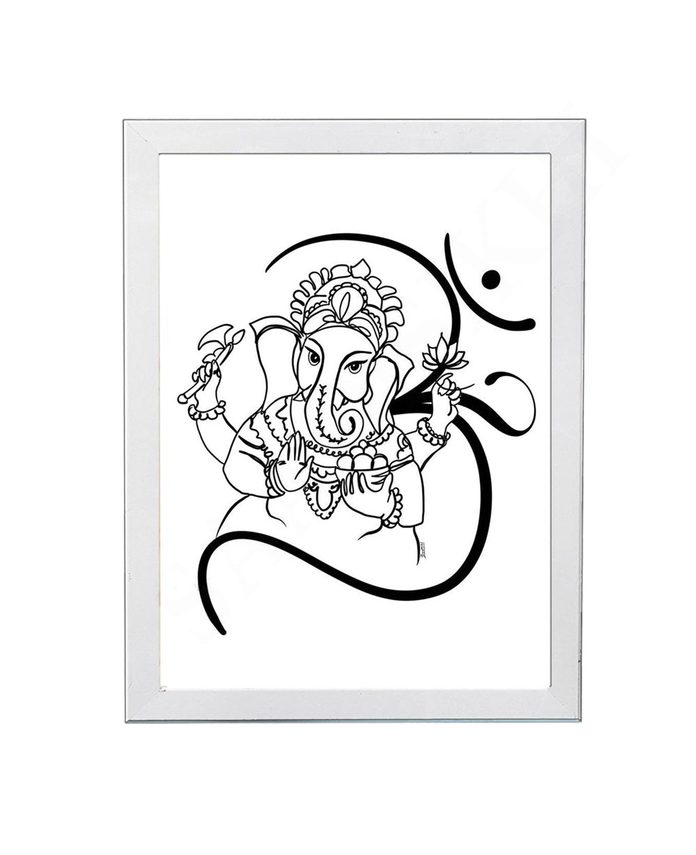 Om Ganesha Minimalist Line Drawing Indian Hindu God Home Wall Decor I Simple Ganesha Puja Room Decor I Indian Religious Gifts I Wall Frame I with Self Adhesive Hook