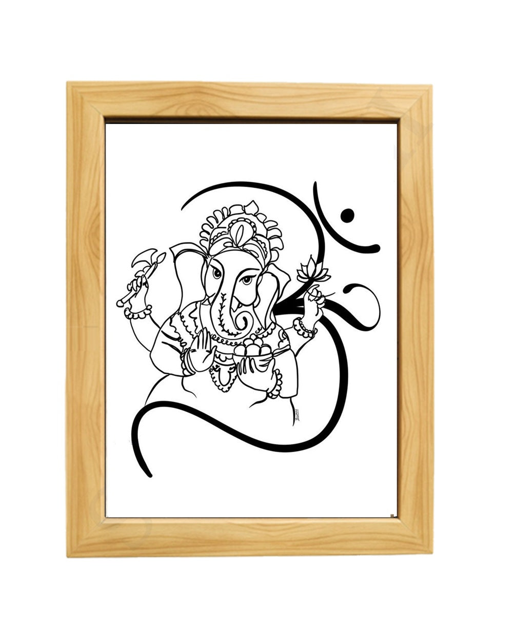 Om Ganesha Minimalist Line Drawing Indian Hindu God Home Wall Decor I Simple Ganesha Puja Room Decor I Indian Religious Gifts I Wall Frame I with Self Adhesive Hook