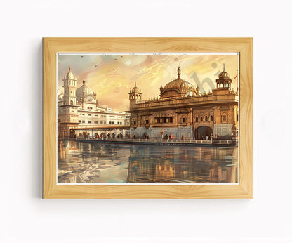 Golden Temple Sikh Art Print: Darbar Sahib Painting:-Digital Wall Art I Wall Frame I with Self Adhesive Hook (GT-009)