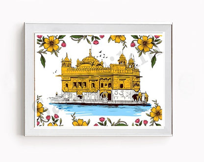 Golden Temple Sikh Art Print: Darbar Sahib Painting:-Digital Wall Art I Wall Frame I with Self Adhesive Hook (GT-007)