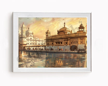 Golden Temple Sikh Art Print: Darbar Sahib Painting:-Digital Wall Art I Wall Frame I with Self Adhesive Hook (GT-009)