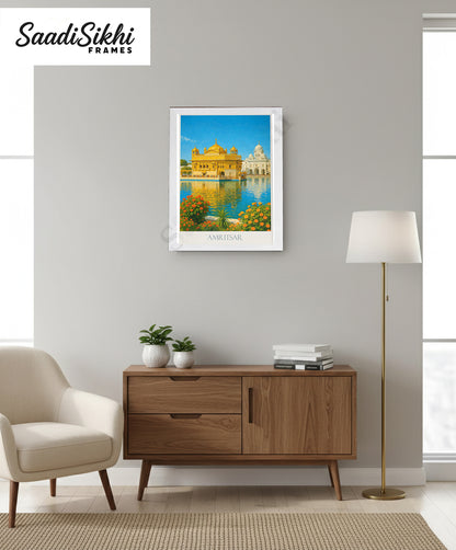 Golden Temple Sikh Art Print: Darbar Sahib Painting:-Digital Wall Art I Wall Frame I with Self Adhesive Hook (GT-017)
